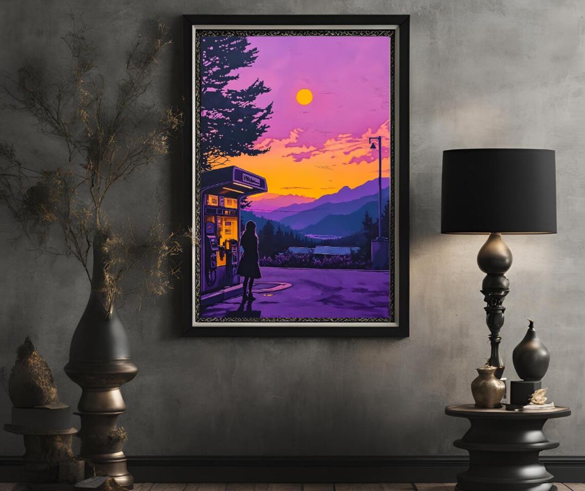 Retro Gas Station at Sunset in Dreamy Purple and Orange Tones Poster - Image 2