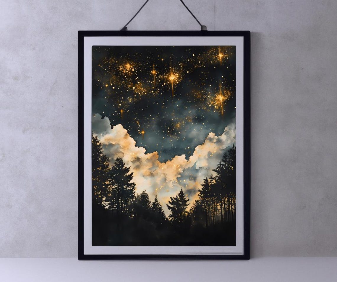 Starry Night Sky Over Pine Forest Silhouettes Golden Hue Poster