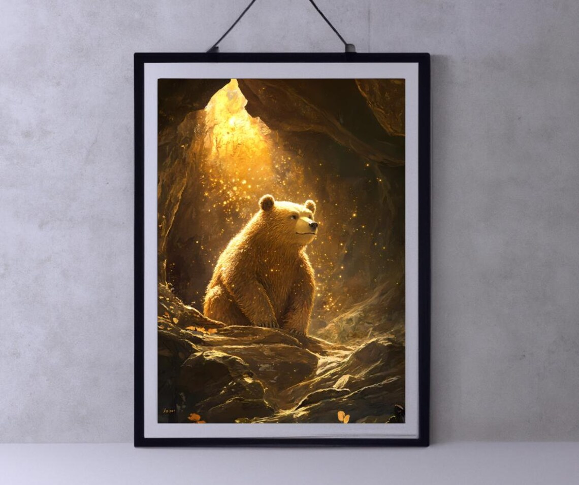 Golden Bear Sitting in a Glowing Magical Cave Light Art Poster