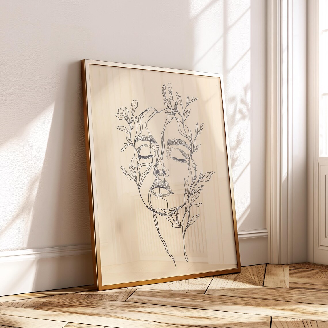 Botanical Line Face Art Modern Feminine Portrait Print Minimalist Wall Poster