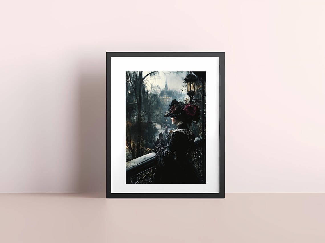 Elegant Victorian Lady Floral Hat Balcony Scene Dark Art Poster - Image 3