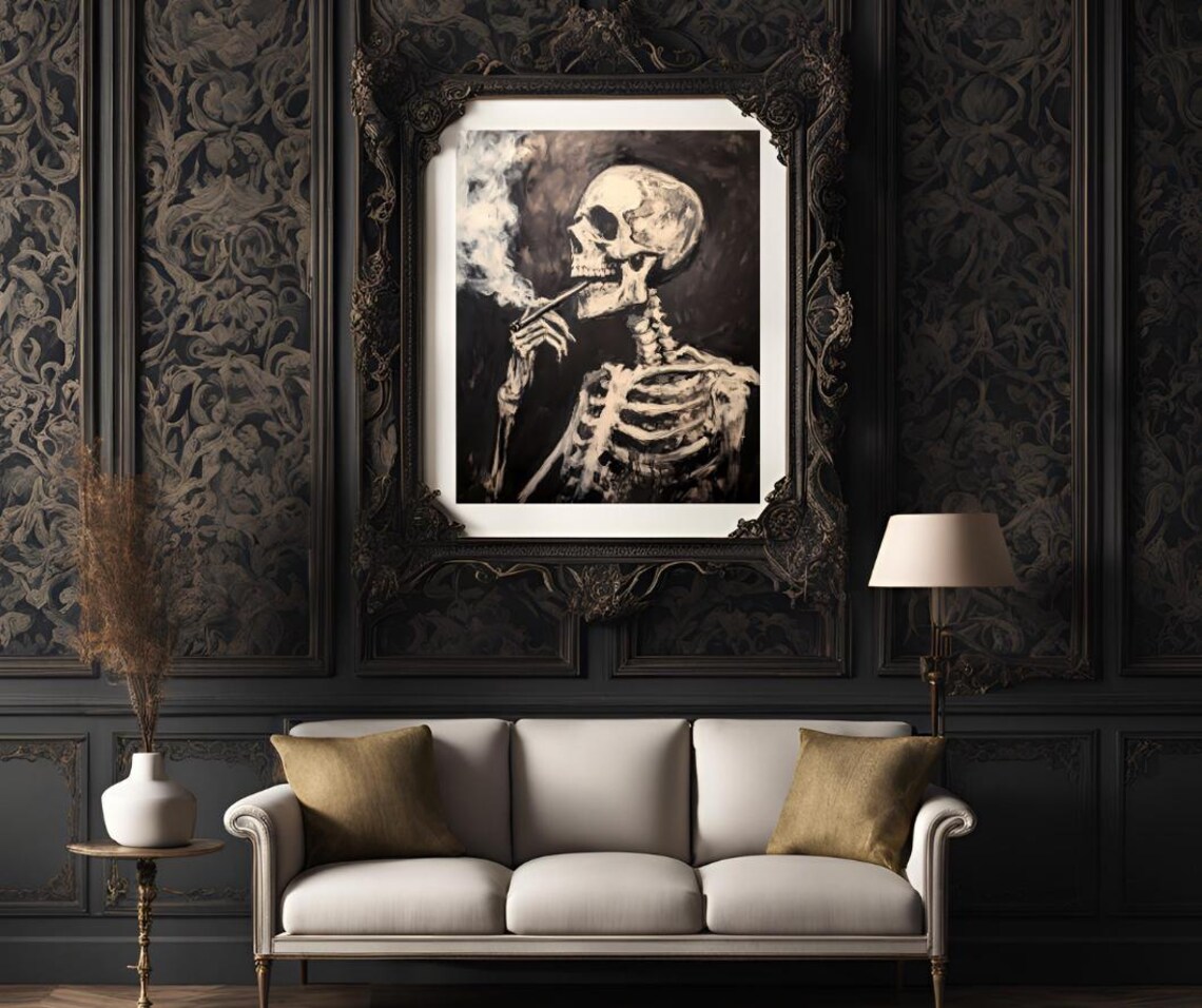 Van Gogh Skull Of A Skeleton With Burning Cigarette Dark Academia Poster - Image 3