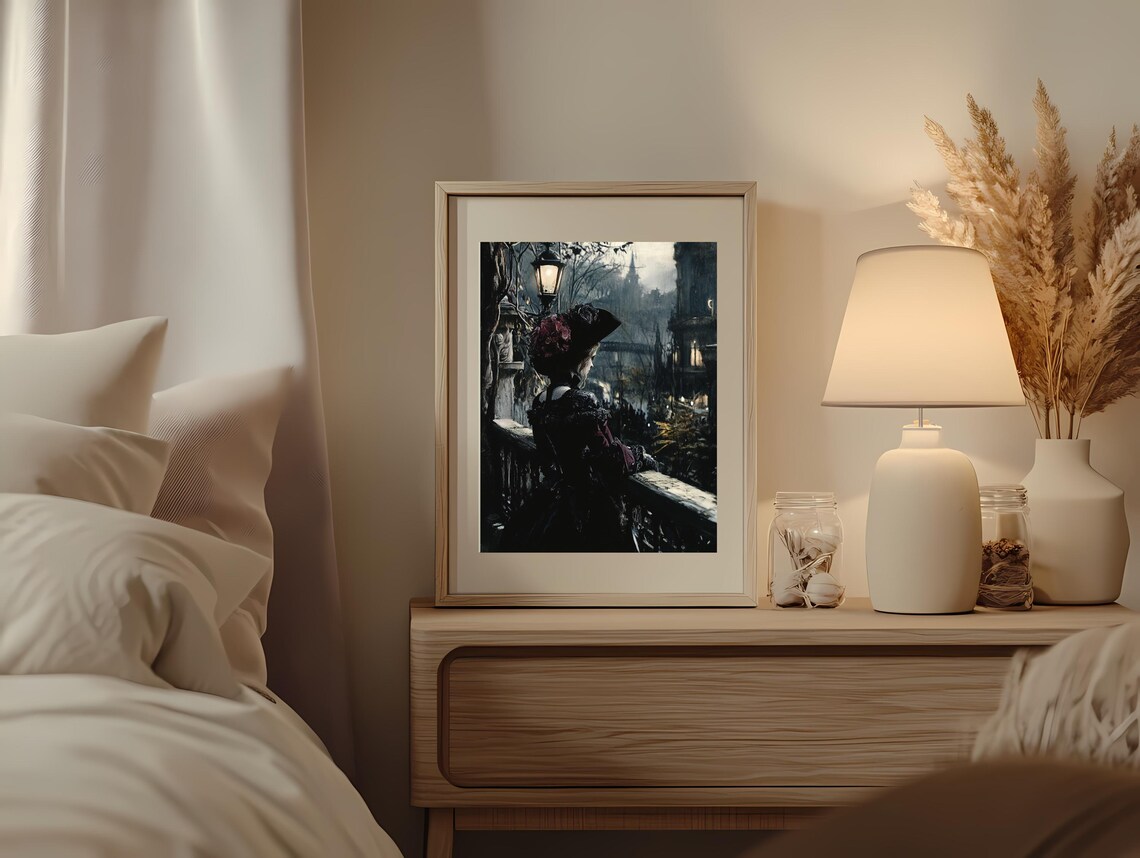 Victorian Woman Night Balcony Lamp Dark Romantic Cityscape Poster - Image 2