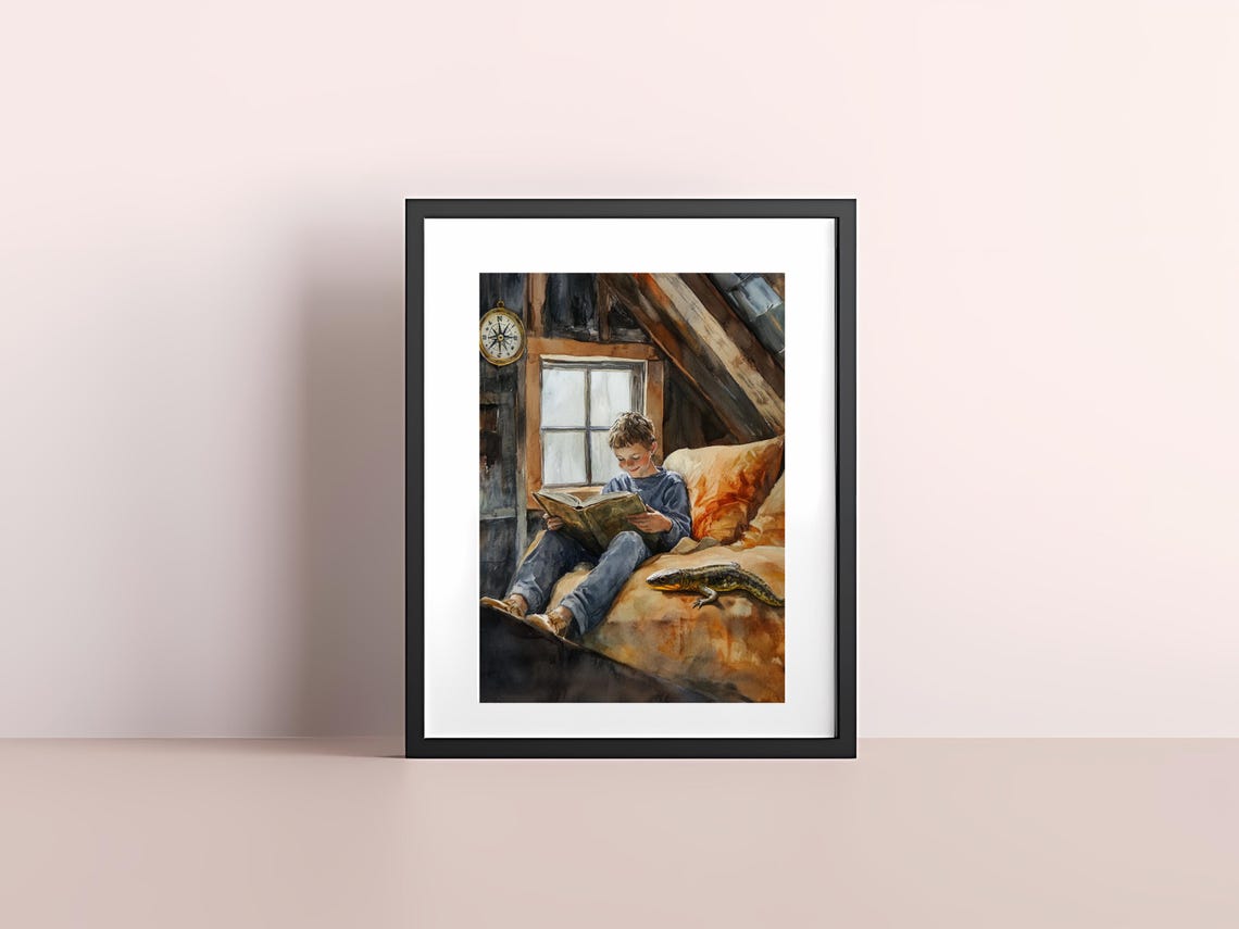 Cozy Boy Reading in an Attic with a Salamander Watercolor Poster - Image 4