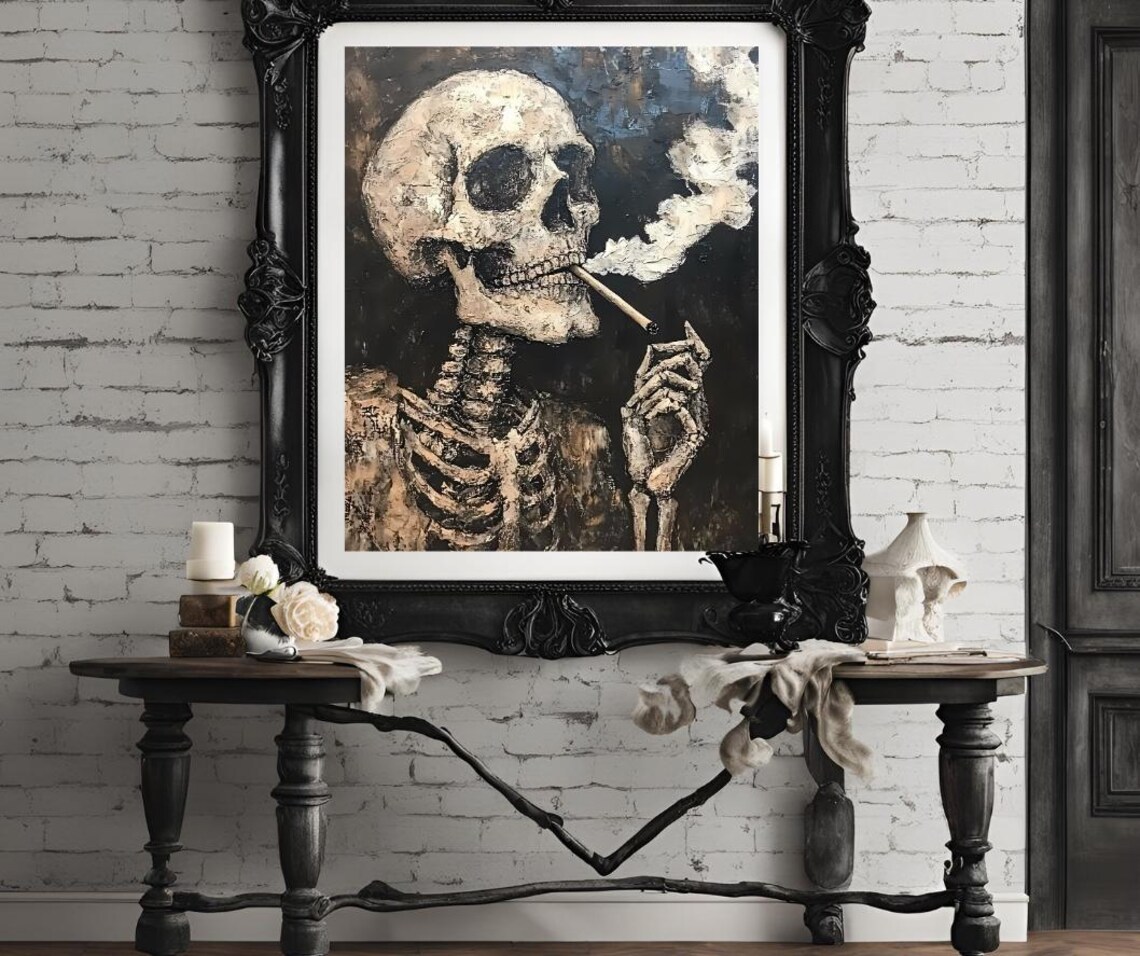 Van Gogh Smoking Skeleton Skull Textured Brushstroke Moody Dark Poster - Image 4