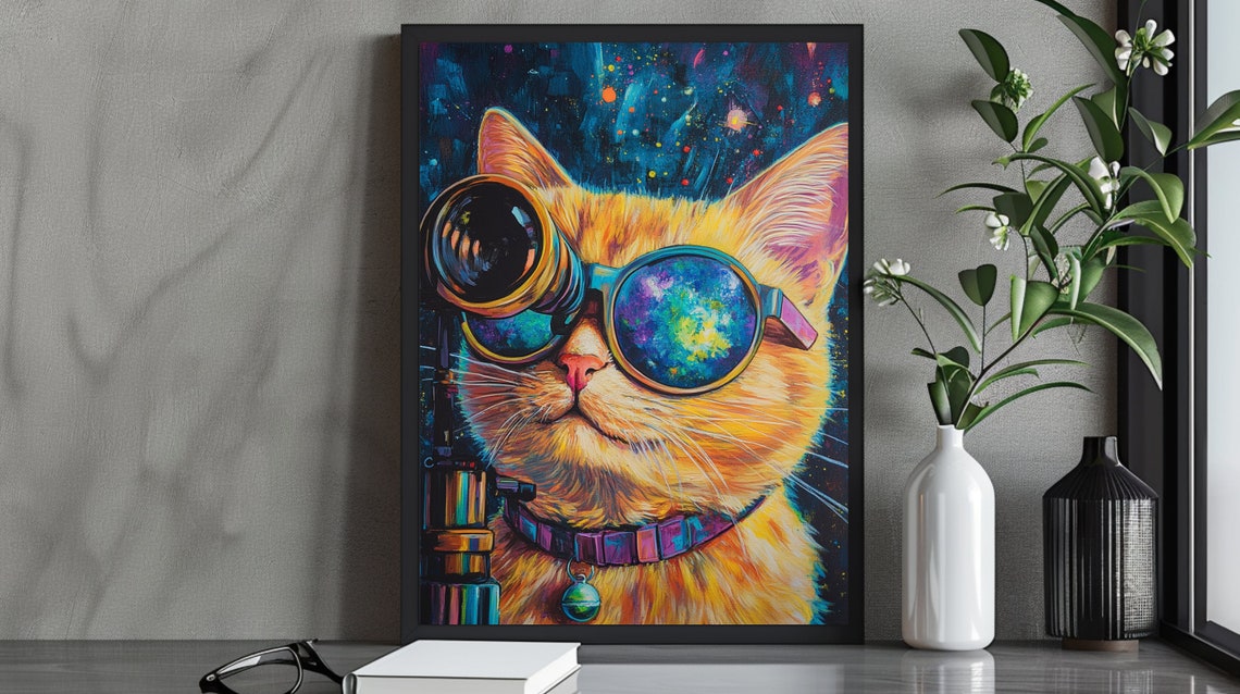 Vibrant Cosmic Cat Stargazer With Telescope Glasses Starry Sky Poster