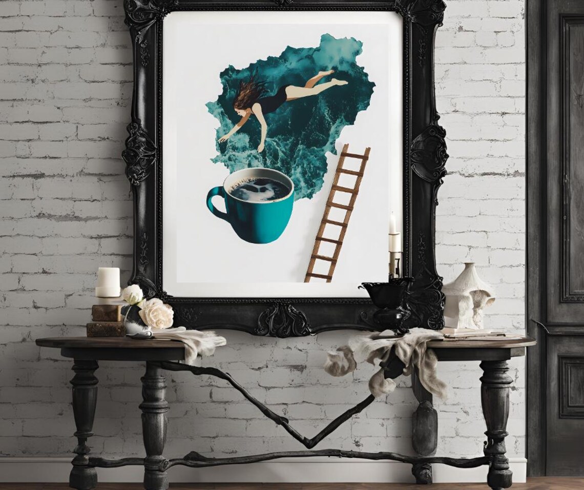 Surreal Coffee Diver Woman Plunging Teal Ocean Splash Art Poster - Image 4