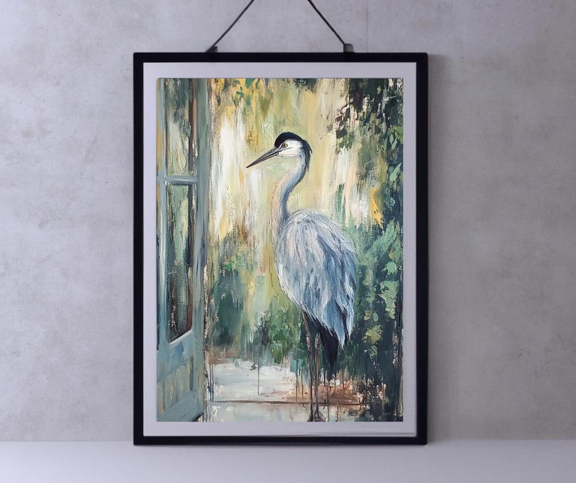 Elegant Grey Heron in a Sunlit Garden Impressionist Art Poster