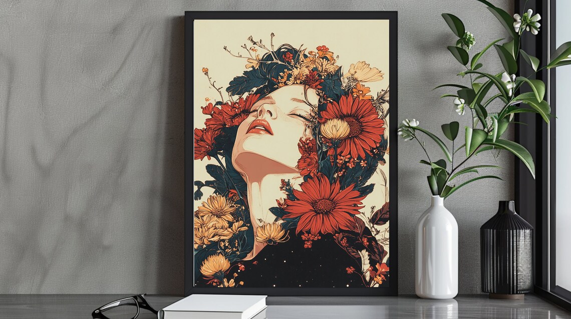 Whimsical Floral Portrait Art Print, Boho Decor