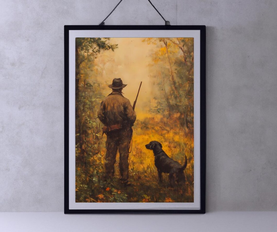 The Hunt Hunter With Dog Golden Misty Forest Oil Painting Poster
