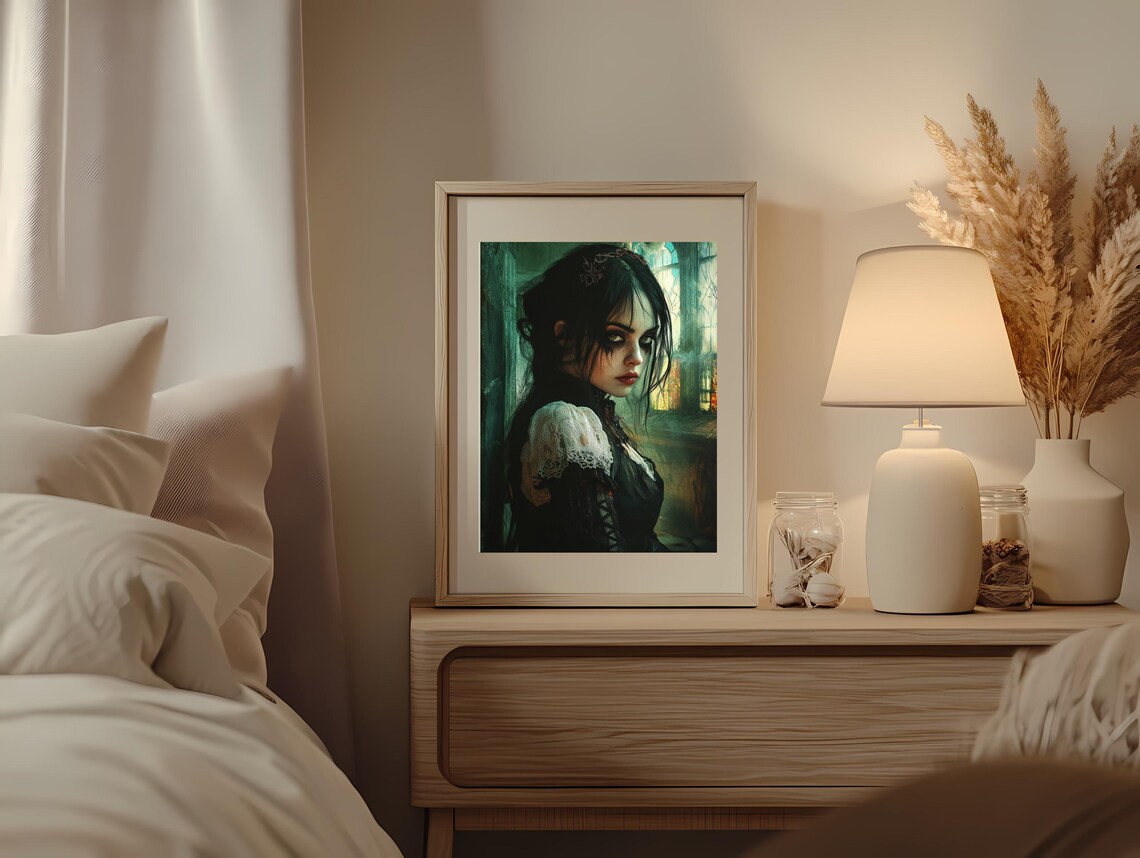 Mysterious Gothic Woman Lace Dress Dark Moody Portrait Art Poster - Image 2