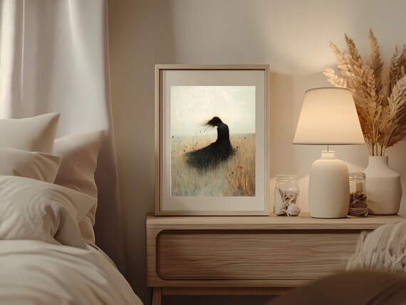 Minimalist Woman Alone in a Golden Wheat Field Serene Art Poster