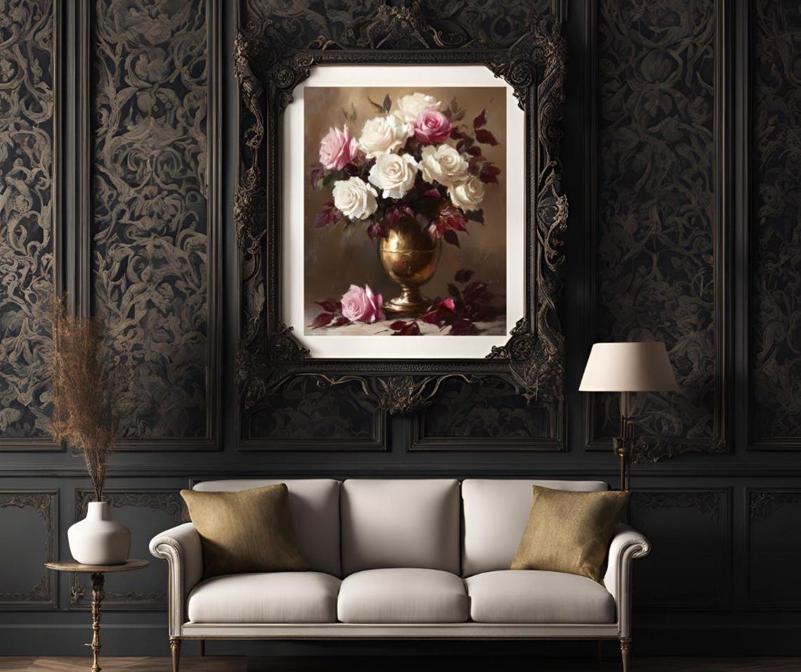 Moody Flower Painting Wall Art Vintage Floral Wall Art Antique Art Print Farmhouse Wall Art Moody Botanical Oil Painting - Image 3