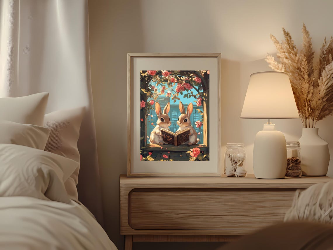 Two Cute Bunnies Reading a Book Under a Rose Arch Illustration Poster - Image 2