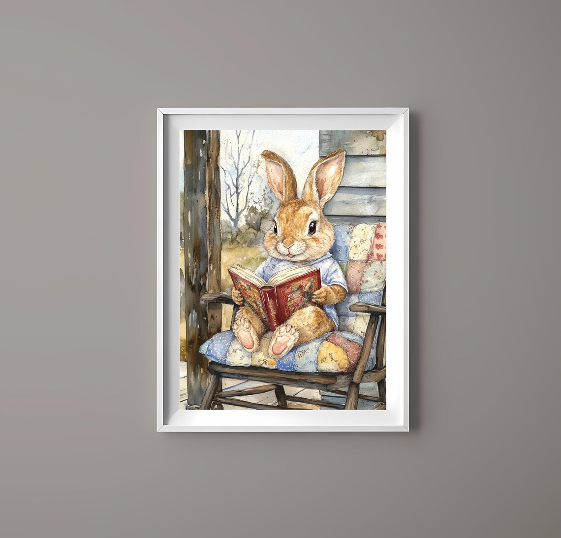 Adorable Rabbit Reading Book Rocking Chair Farmhouse Animal Poster - Image 3