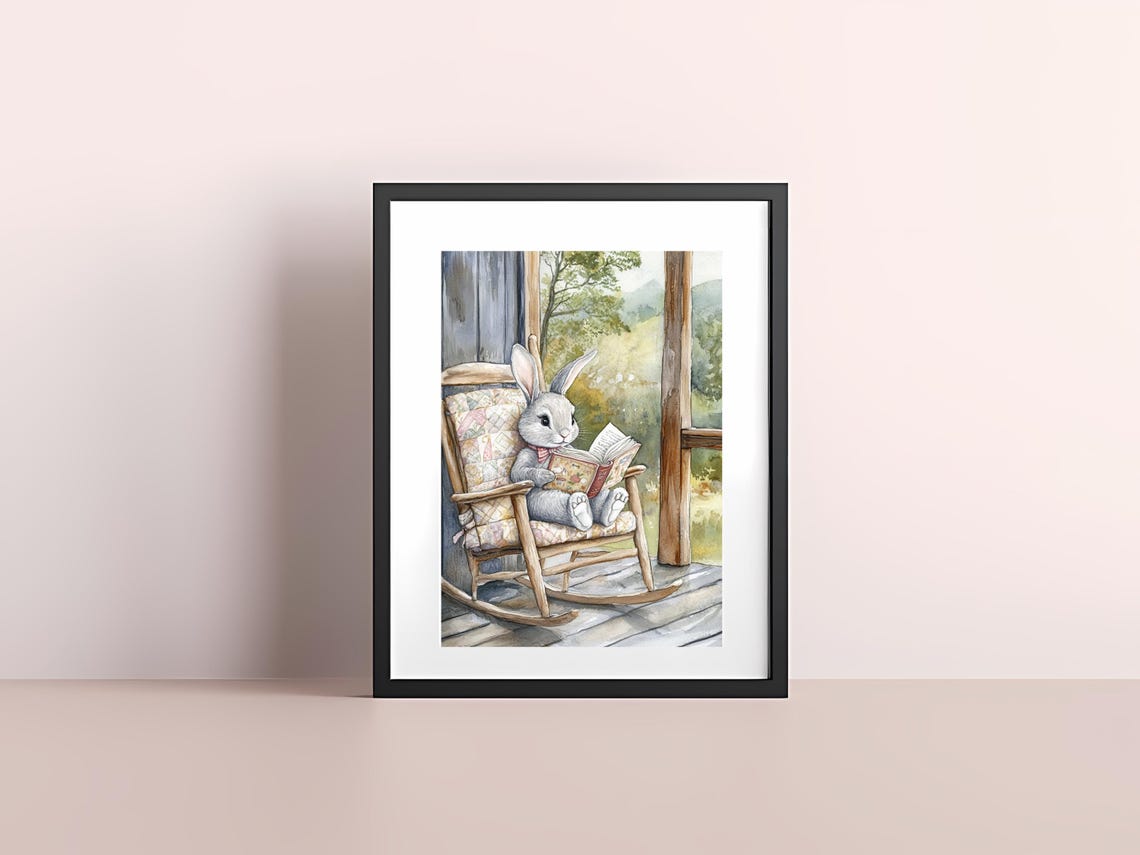 Bunny Reading Book Rocking Chair Rustic Porch Watercolor Art Poster - Image 4