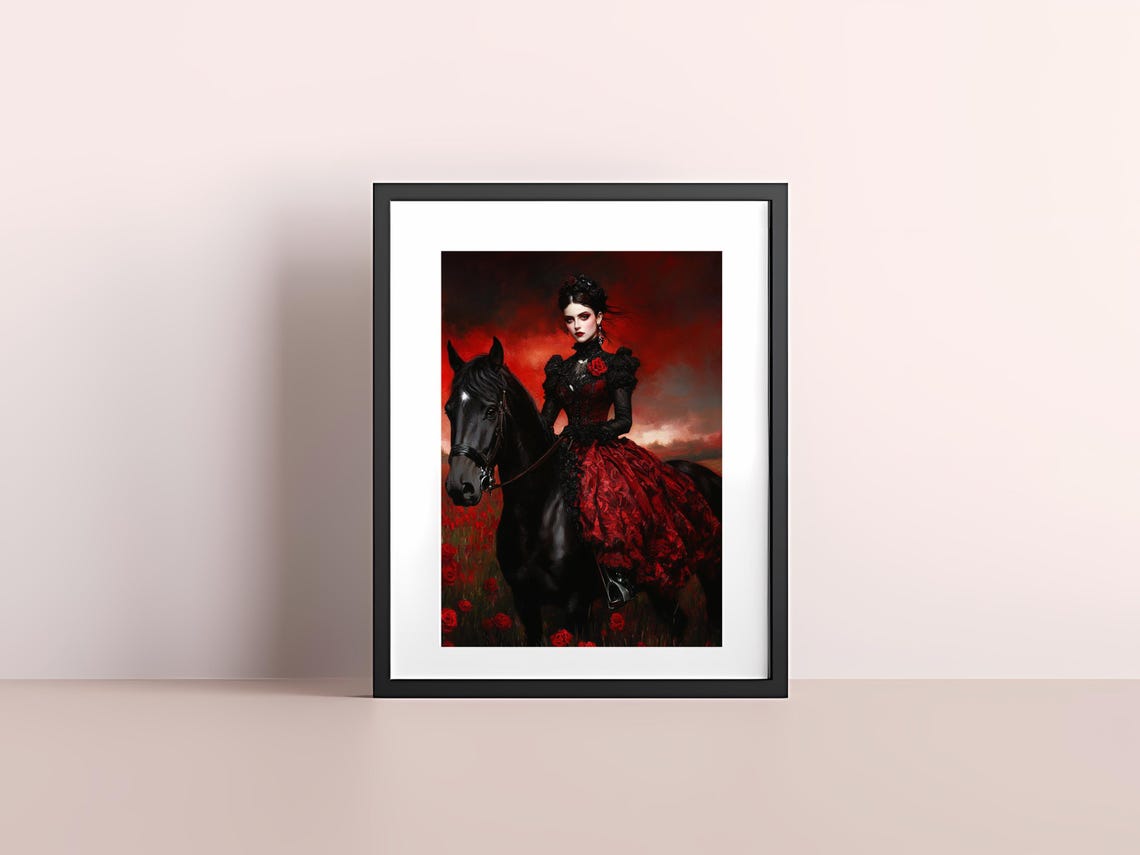 Gothic Lady On Horseback Dramatic Red And Black Illustration Dark Romantic Wall Art Unique Gift For Fantasy Lovers - Image 4