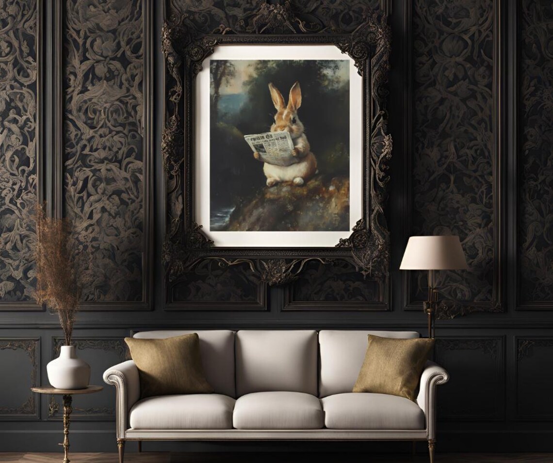 Whimsical Rabbit Reading Newspaper Rustic Woodland Oil Style Art Poster - Image 3