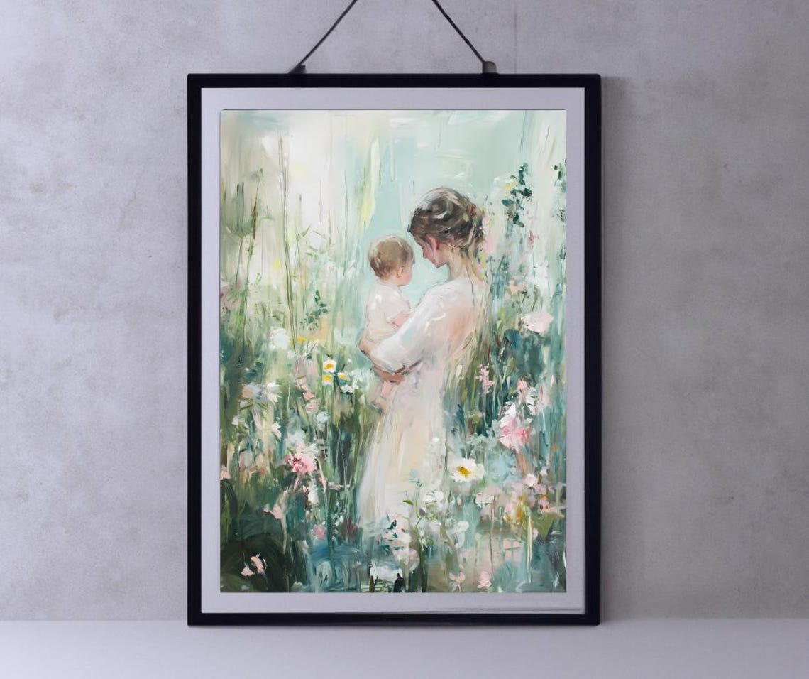 Mother Holding Her Baby in a Soft Flower Field Impressionist Poster