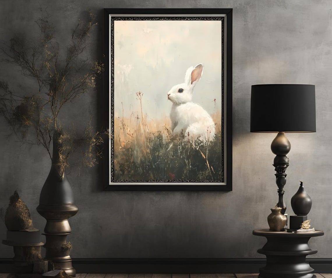 White Rabbit Sitting In A Golden Meadow Under Soft Light Poster - Image 2