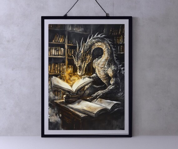 Dragon Library Art Mystical Dragon Reading Book Fantasy Wall Decor Gift For Book And Dragon Lovers