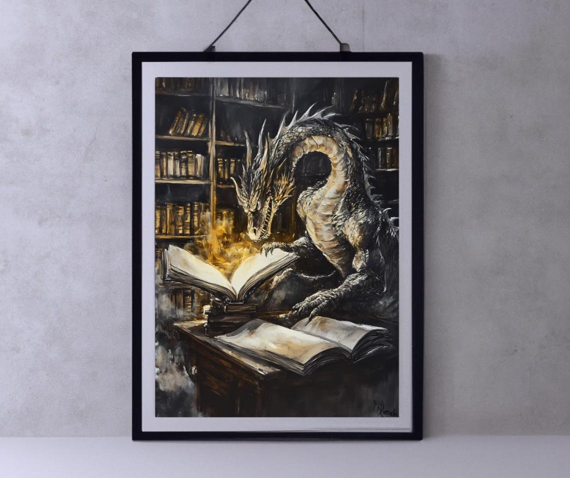 Majestic Dragon Reading a Glowing Book in a Dark Library Poster