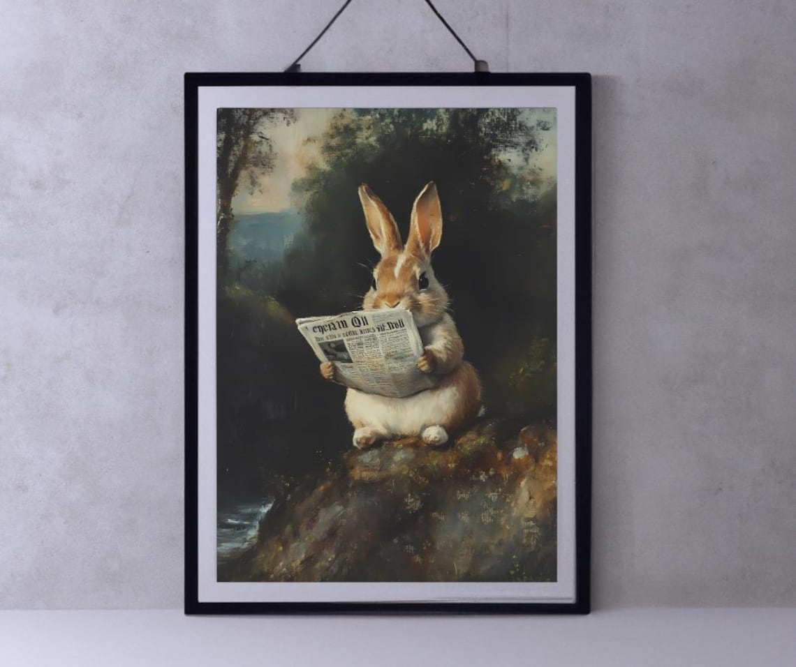 Whimsical Rabbit Reading Newspaper Rustic Woodland Oil Style Art Poster
