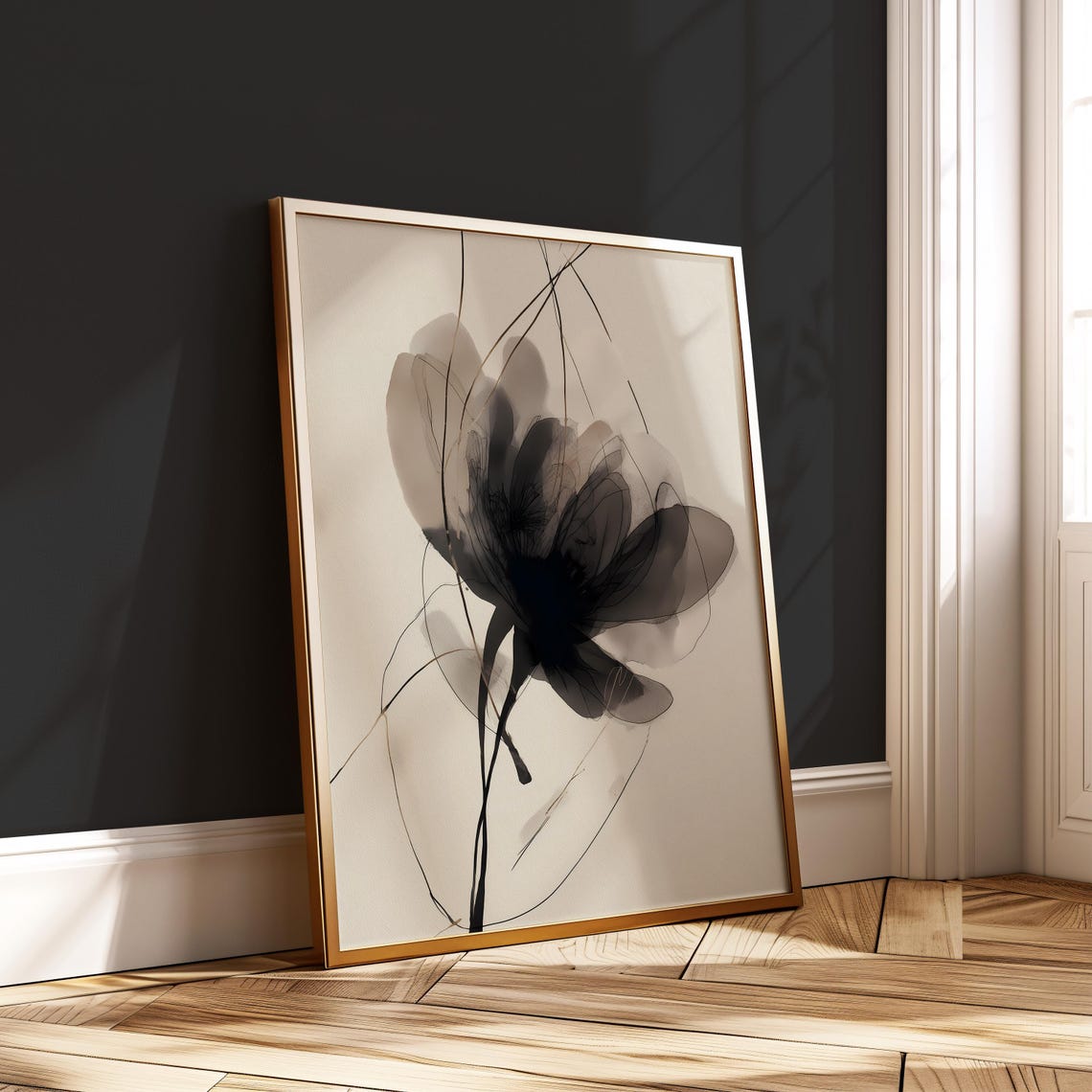 Black Ink Flower Print Japandi Style Wall Art Beige Neutral Botanical Poster Minimalist Artwork Modern Floral