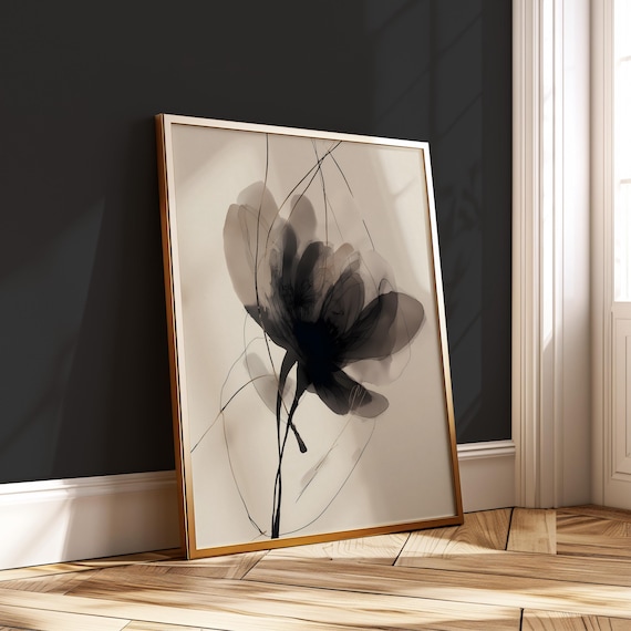 Black Ink Flower Print Japandi Style Wall Art Beige Neutral Botanical Poster Minimalist Artwork Modern Floral