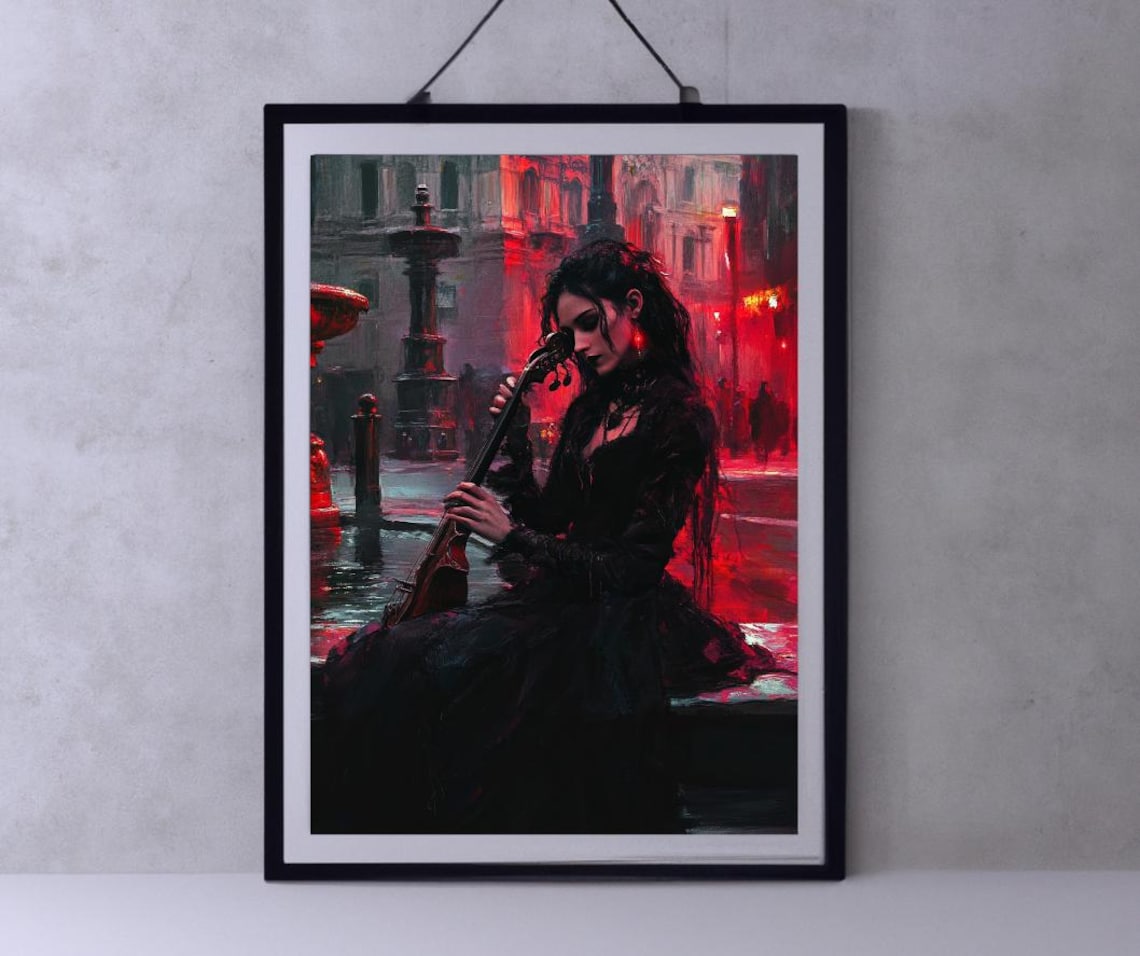 Gothic Woman With Violin, Dramatic Cityscape Art Print