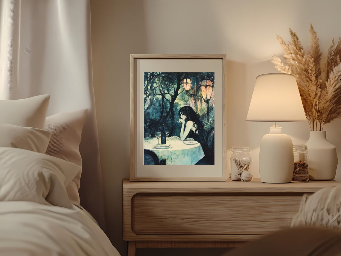 Dreamy Moonlit Dinner Woman Under Trees Watercolor Romantic Poster - Image 2