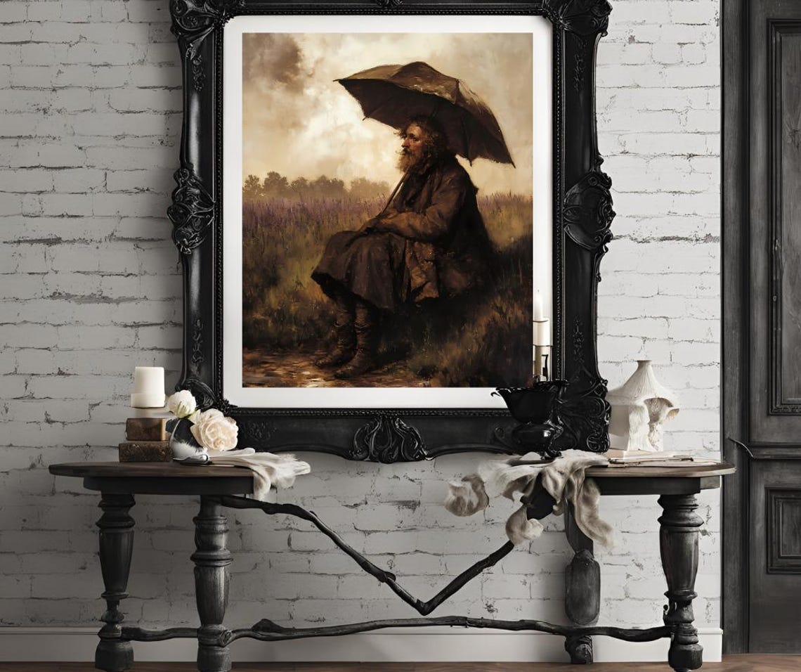 Rustic Man With Umbrella Art Moody Landscape Painting Emotional Wall Decor Instant Png File - Image 4