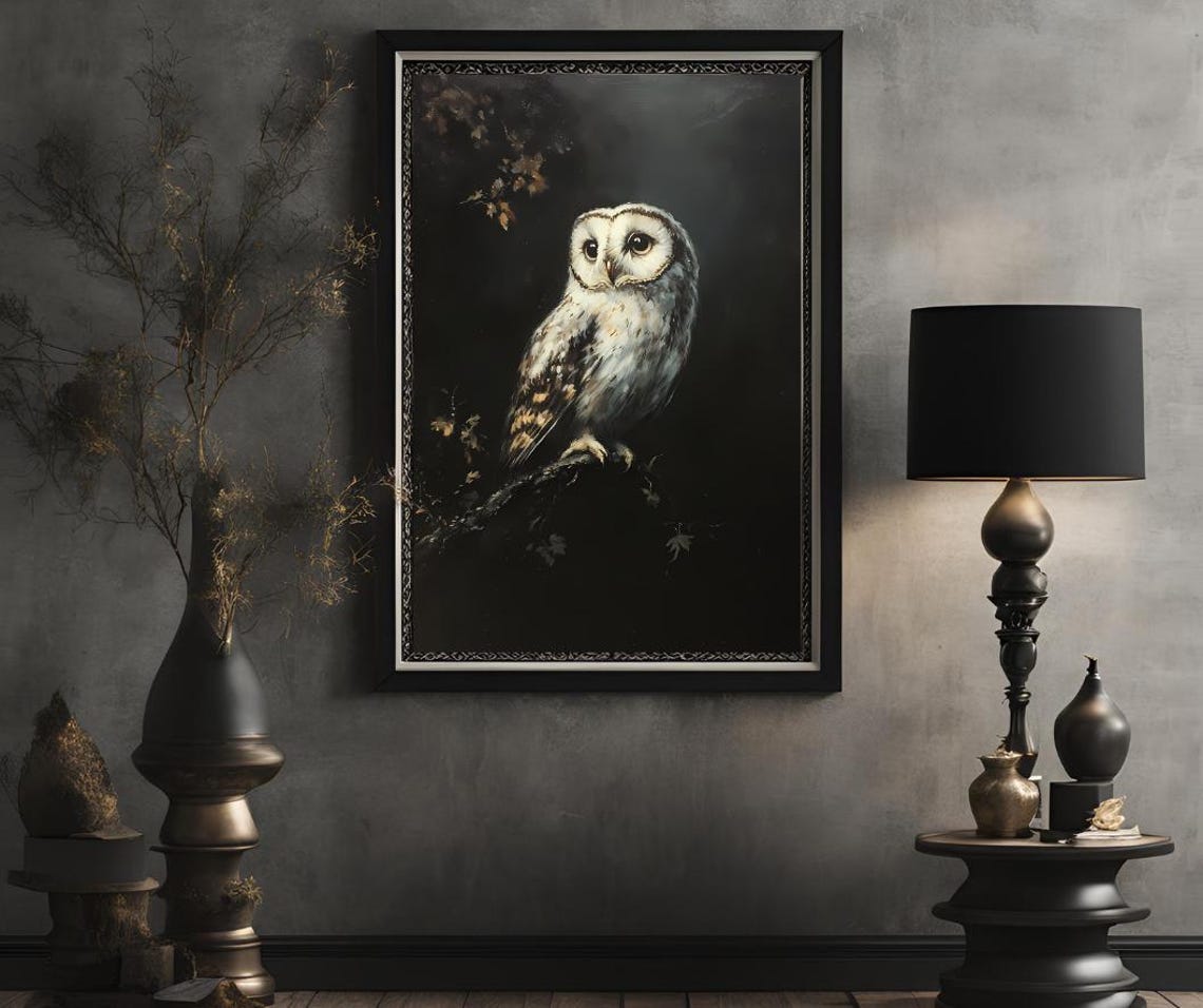 White Owl Perched on a Branch Dark Antique Painting Style Poster - Image 2