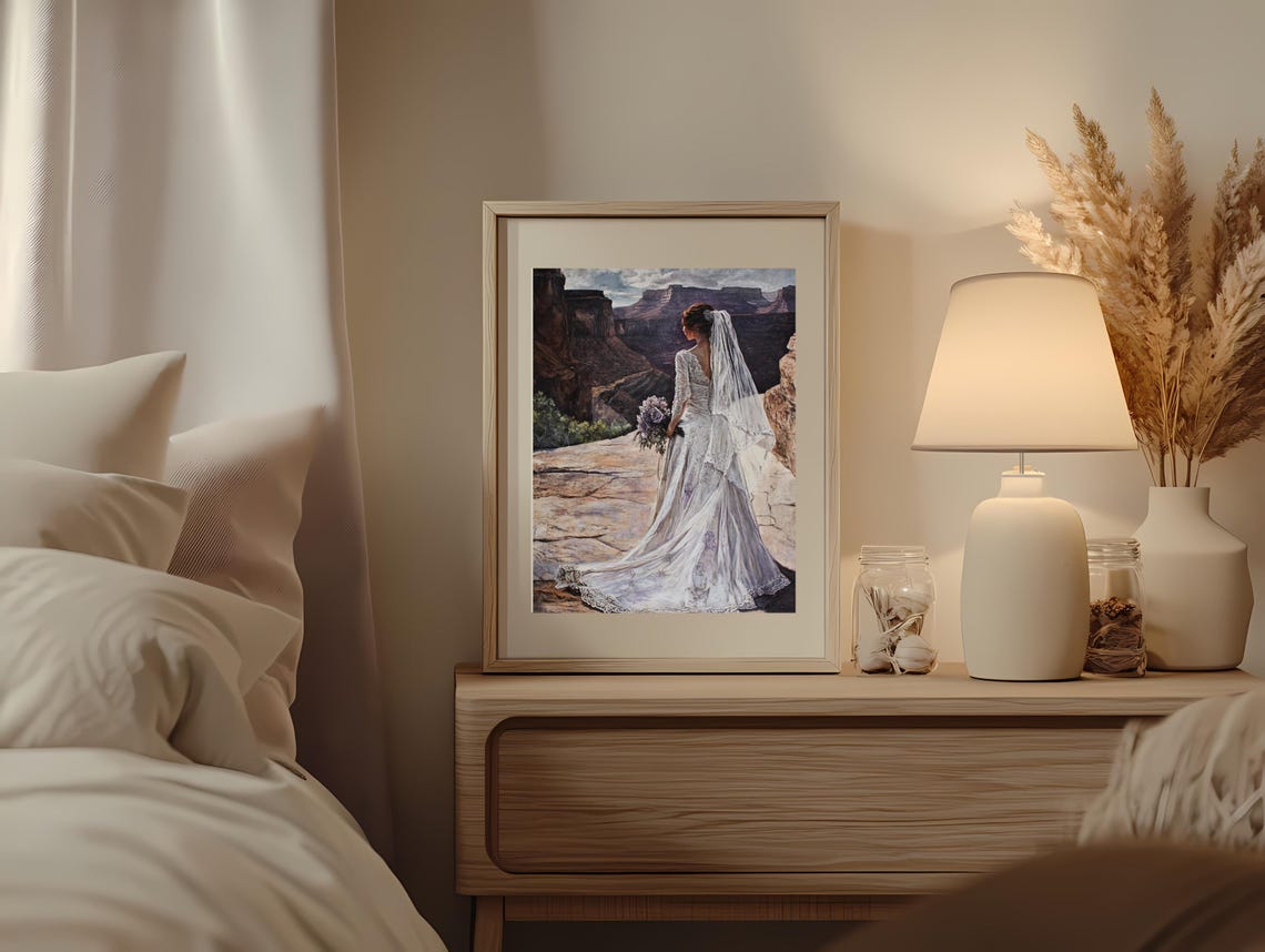 Elegant Bride in a Flowing White Dress at a Canyon Overlook Poster - Image 3