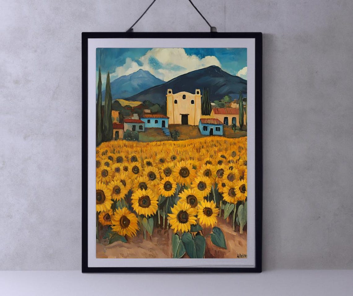 Rustic Sunflower Field With Village and Mountains Painting Poster
