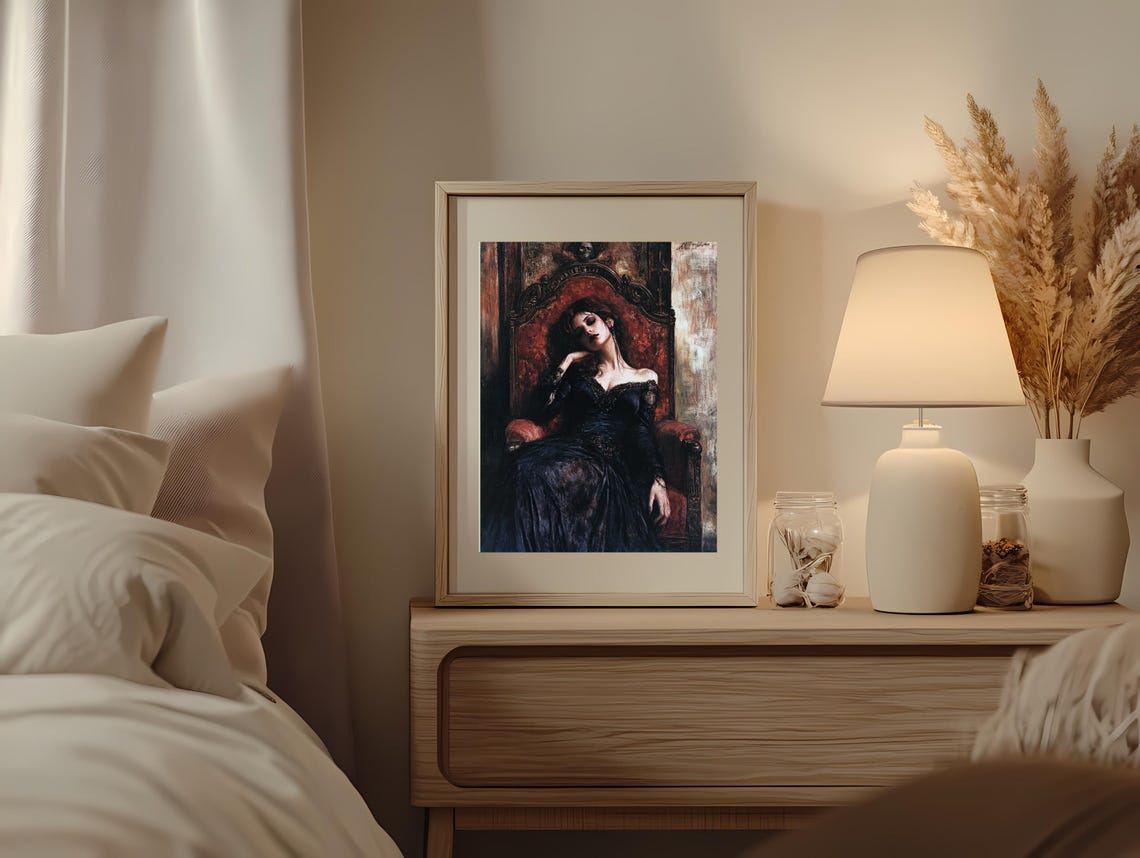 Victorian Art Gothic Woman In Ornate Red Chair Elegant Dark Wall Art Gift For Her - Image 2