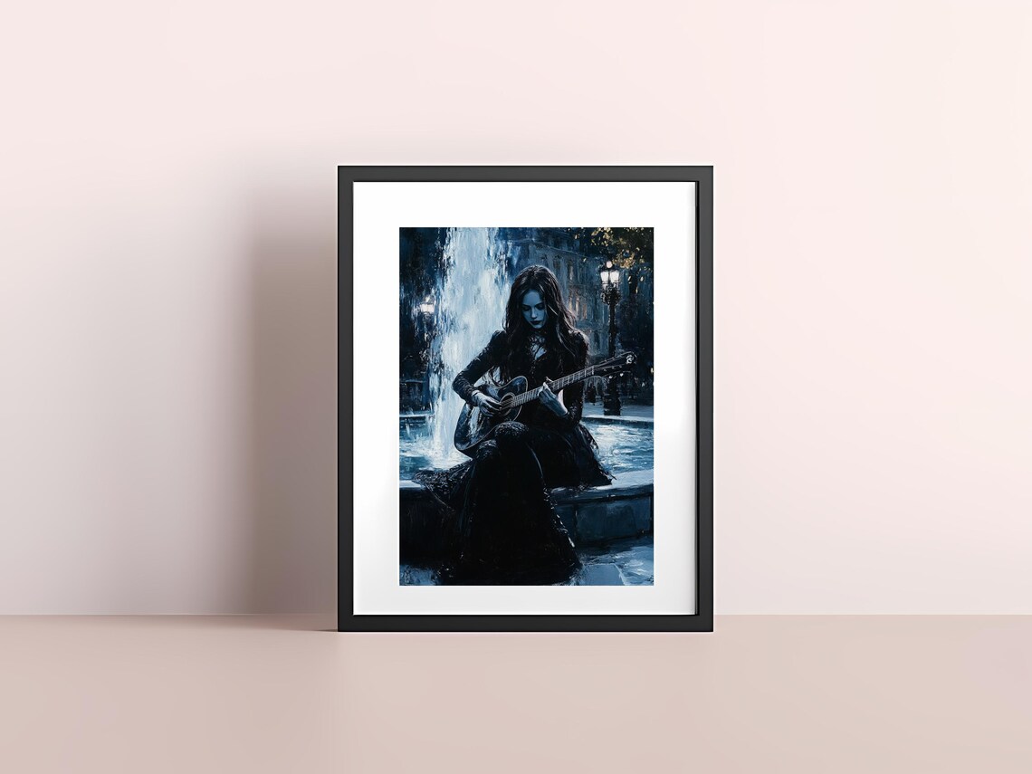 Gothic Woman Playing Guitar, Night Fountain Art Print - Image 4
