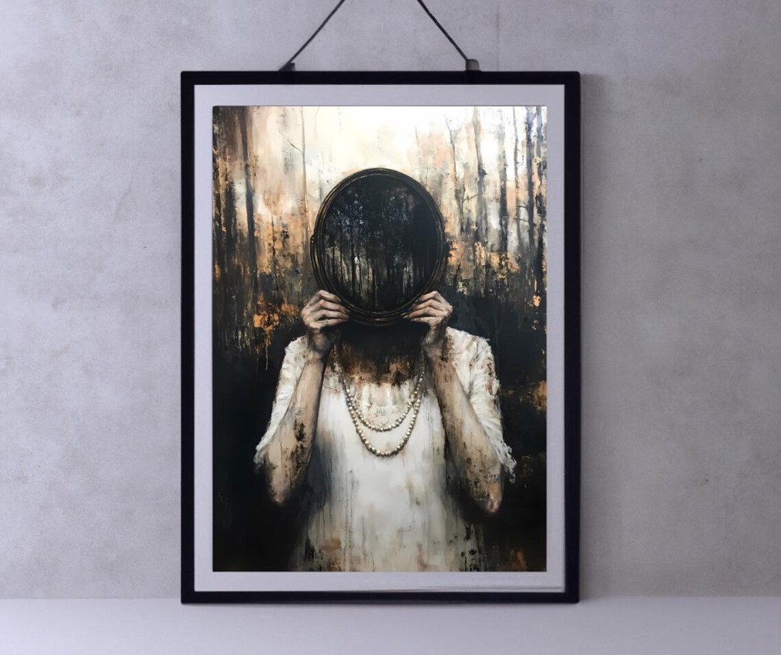 Moody Dark Academia Woman Holding Black Oval Mirror Witchy Gothic Poster