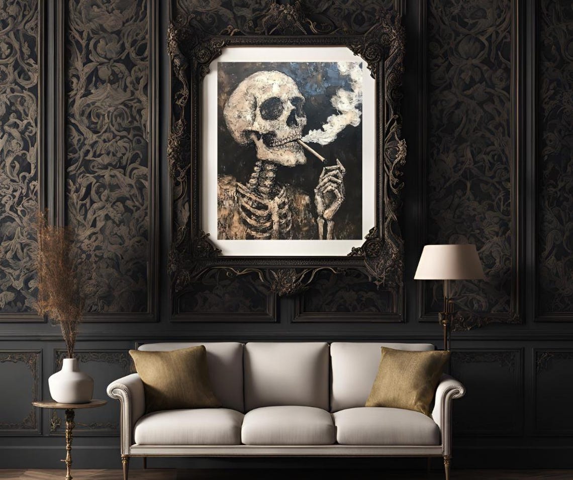 Van Gogh Smoking Skeleton Skull Textured Brushstroke Moody Dark Poster - Image 3