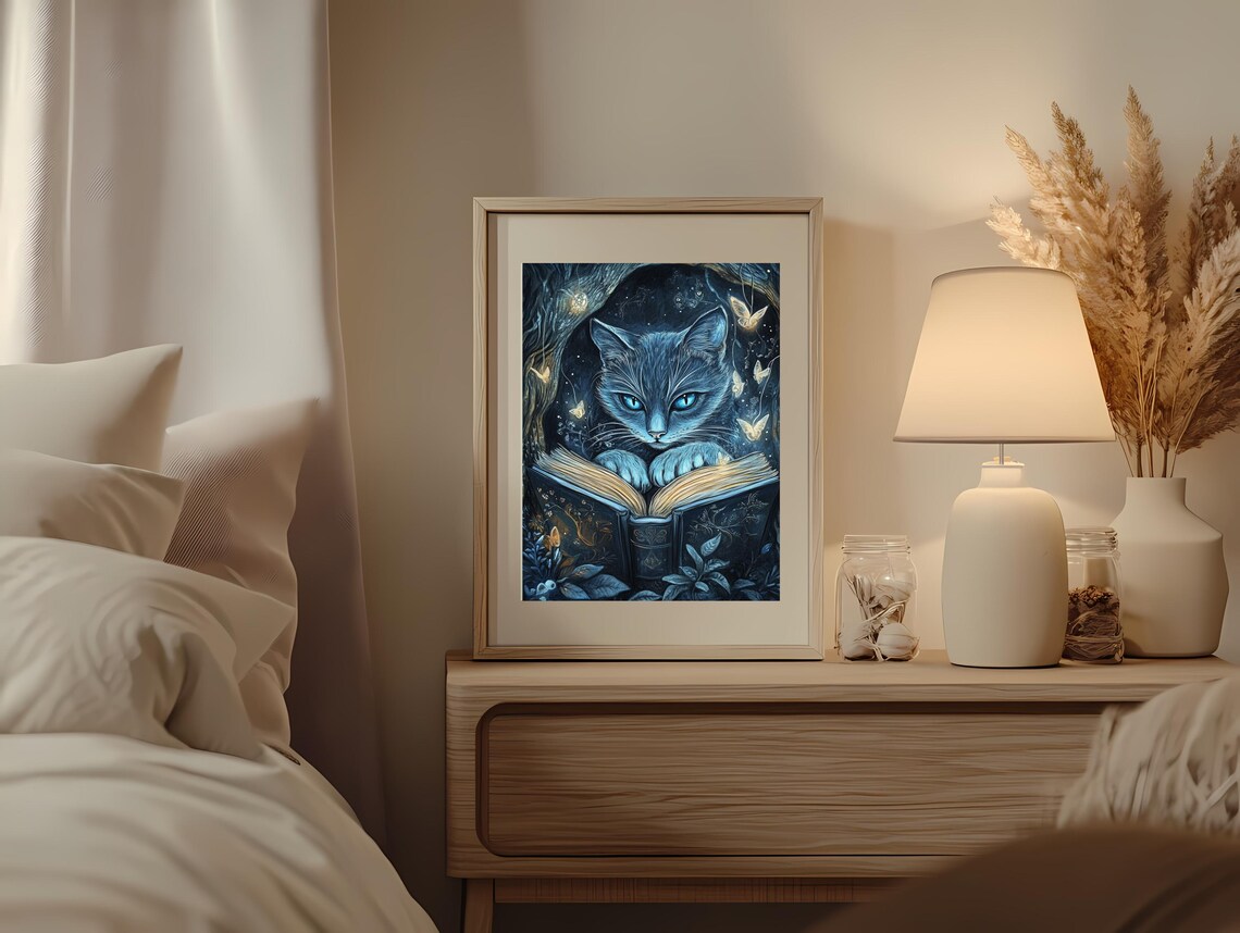 Enchanting Blue Cat with a Glowing Book and Golden Butterflies Poster - Image 4