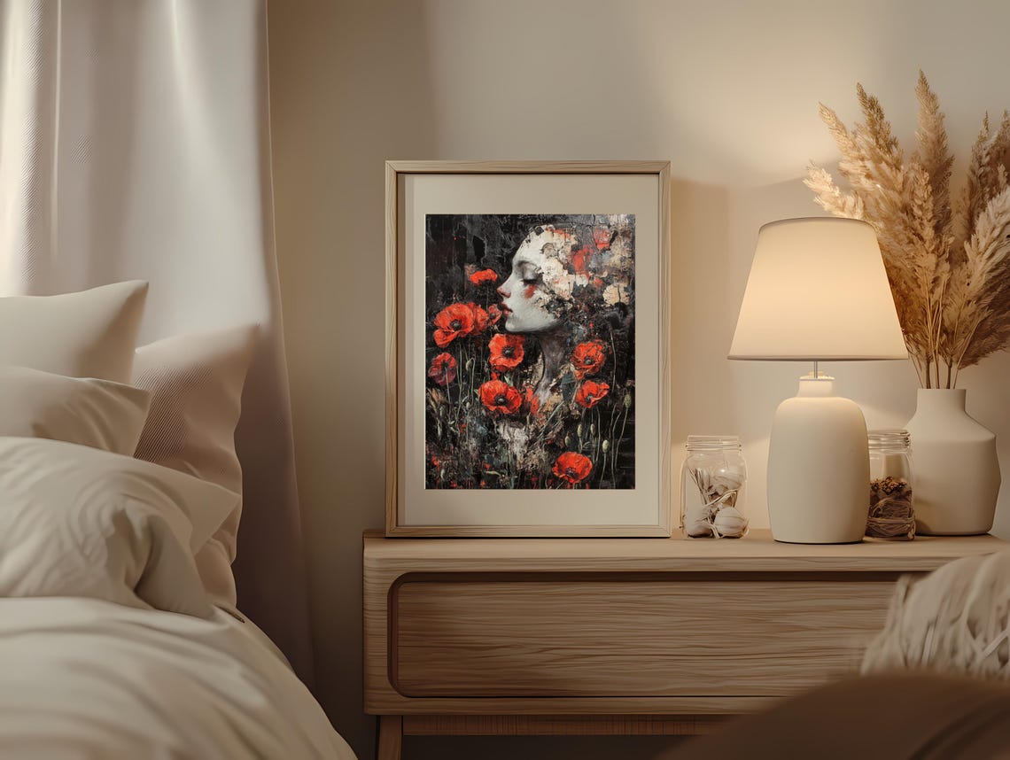 Abstract Floral Art Woman And Red Poppies In Textured Design Bold Wall Art - Image 2