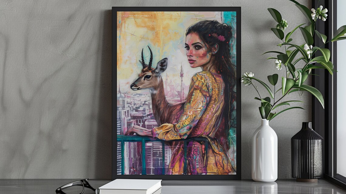 Colorful Woman with a Deer on a Balcony Overlooking the City Poster