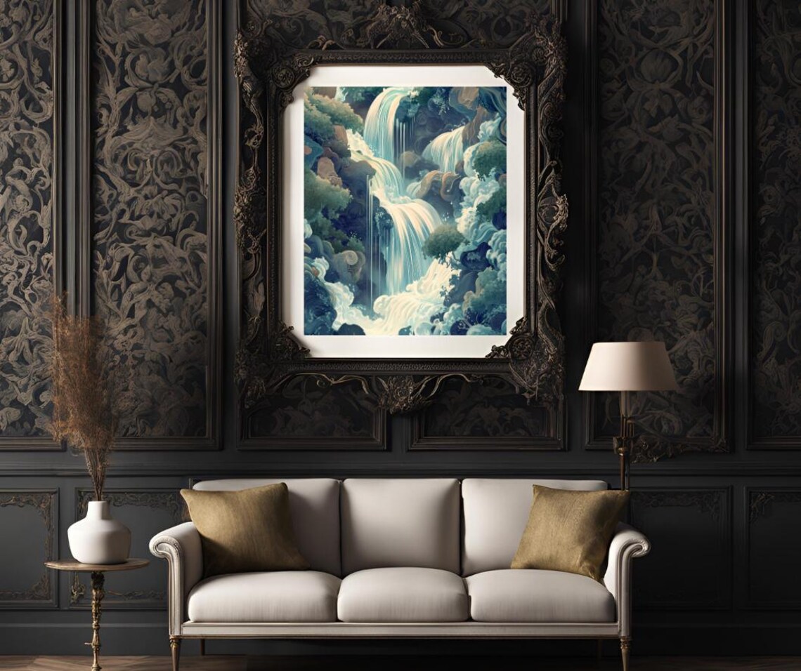 Japanese Style Waterfall Painting Blue Green Cascades Art Poster - Image 3