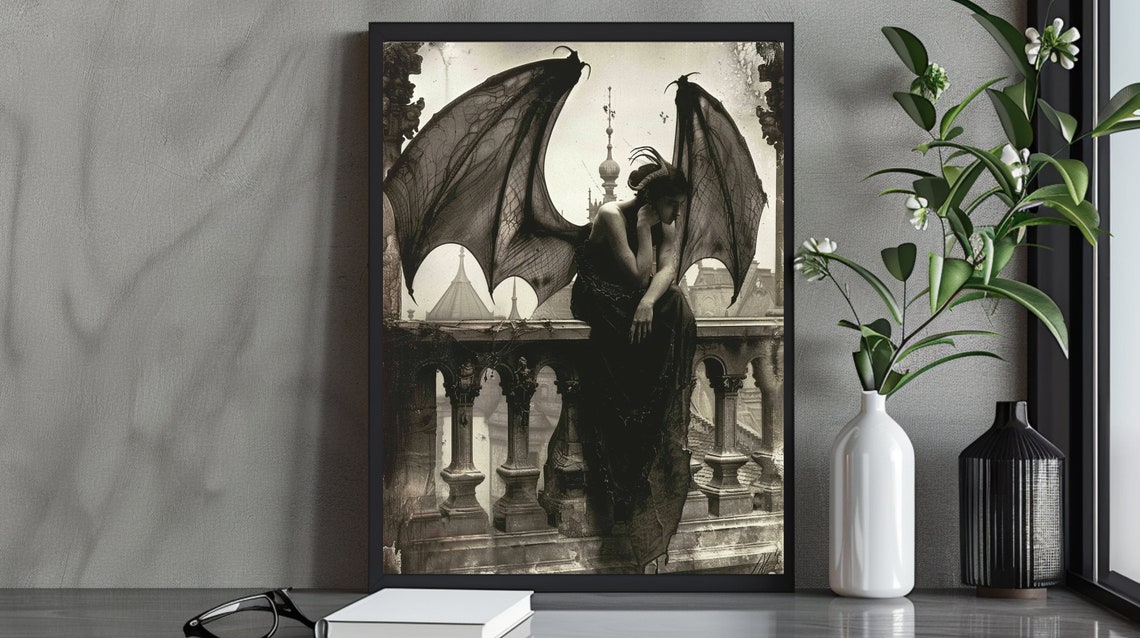 Gothic Winged Angel Art Print Mysterious Dark Fantasy Woman Atmospheric Gothic Wall Art Moody Ethereal Decor