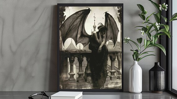 Winged Woman With Spread Wings Sitting On Balcony Gothic Poster