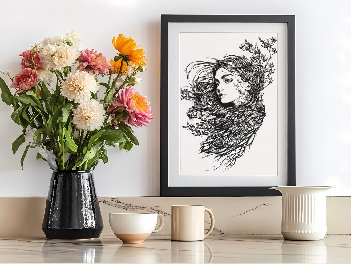 Botanical Line Art Woman Profile Floral Black White Minimal Poster - Image 2