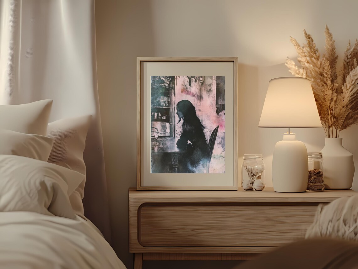 Lonely Woman Silhouette At Table Moody Pink Grey Minimalist Poster - Image 3