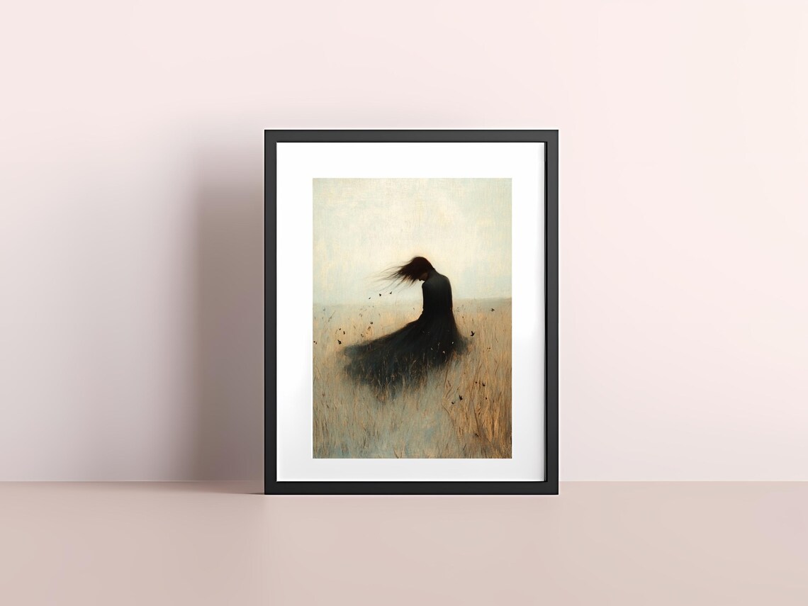 Minimalist Woman Alone in a Golden Wheat Field Serene Art Poster - Image 4