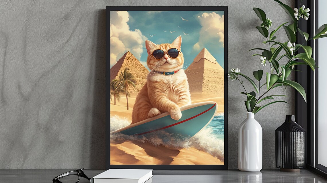 Cool Surfing Cat With Sunglasses By The Pyramids Beach Summer Humor Poster