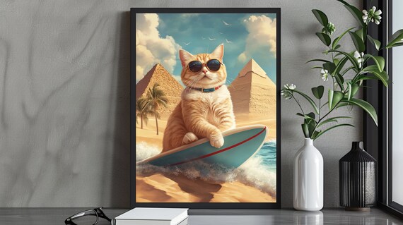 Cool Surfing Cat With Sunglasses By The Pyramids Beach Summer Humor Poster